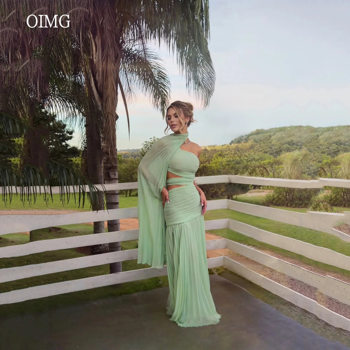 

OIMG Maxi One Shoulder Green Mermaid Prom Gowns Cap Pleated Party Gown Floor Length Evening Dress New Customized