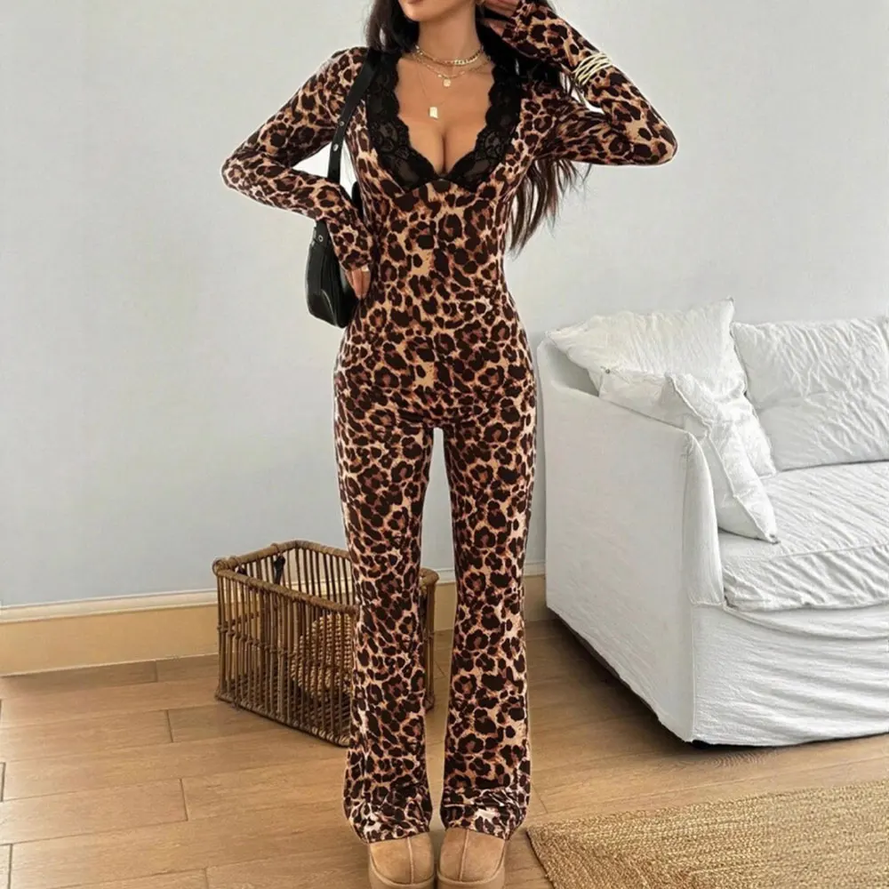 

Модный кружевной лоскутный комбинезон с длинными рукавами и леопардовым принтом в стиле ретро, осень-зима, женская модная европейская и американская одежда