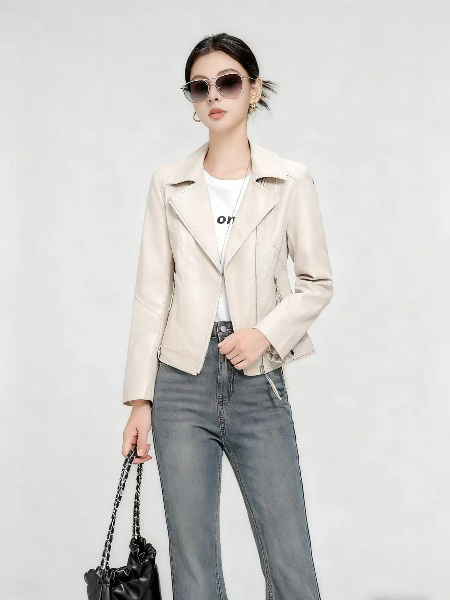 

Slimming Effect Genuine eepskin Leather Jaet Women's ort Coat Sli Spring Autumn Outerwear Faionable Commute Wind