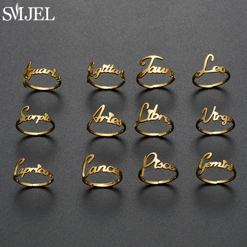 Anillos Personalizados con Signos Zodiacales de Aries para Mujeres y Hombres, Anillo de Dedo con Letra en Inglés Antiguo con los 12 Signos del Zodíaco