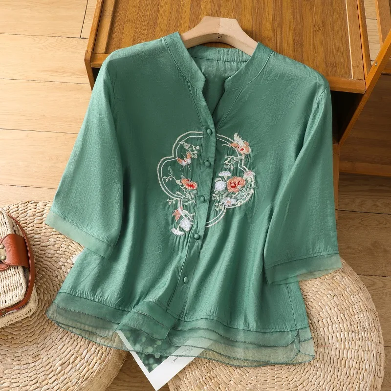 النمط الصيني الملابس النسائية البلوزات خمر قمصان مطرزة ملابس الصيف فضفاضة قصيرة الأكمام القطن الكتان النساء بلايز #4