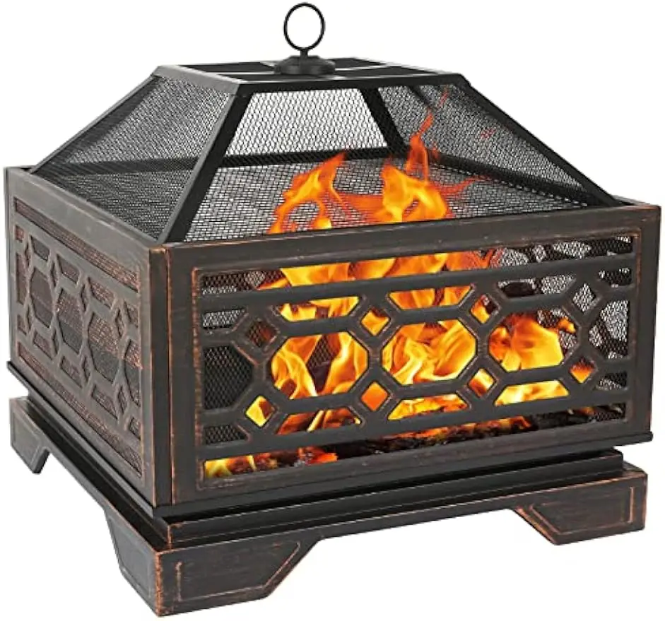 26 Inch Outdoor Fire Pit Square Extra Deep Wood Burning Firepits Large Bonfire with Cooking Grate & Poker for Outside, Patio, Ba