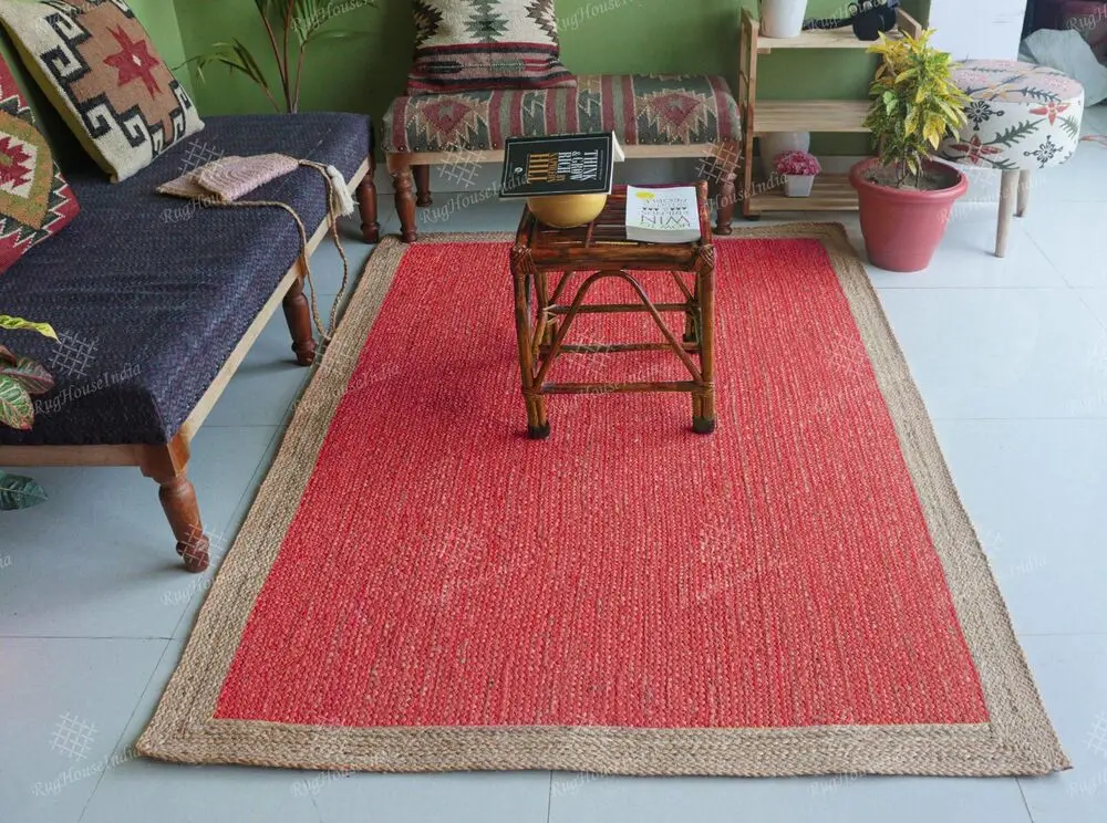 Handmade Red Jute Rug with Beige Border Bohemian Rug Eco Friendly Rug Carpets for Living Room Bedroom Home Decor