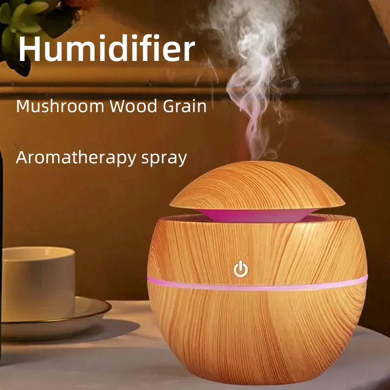 200ml Mushroom Wood Grain Humidifier USB Plug in Household Desktop Mini Portable Spray Moisturizing Atmosphere Night Light