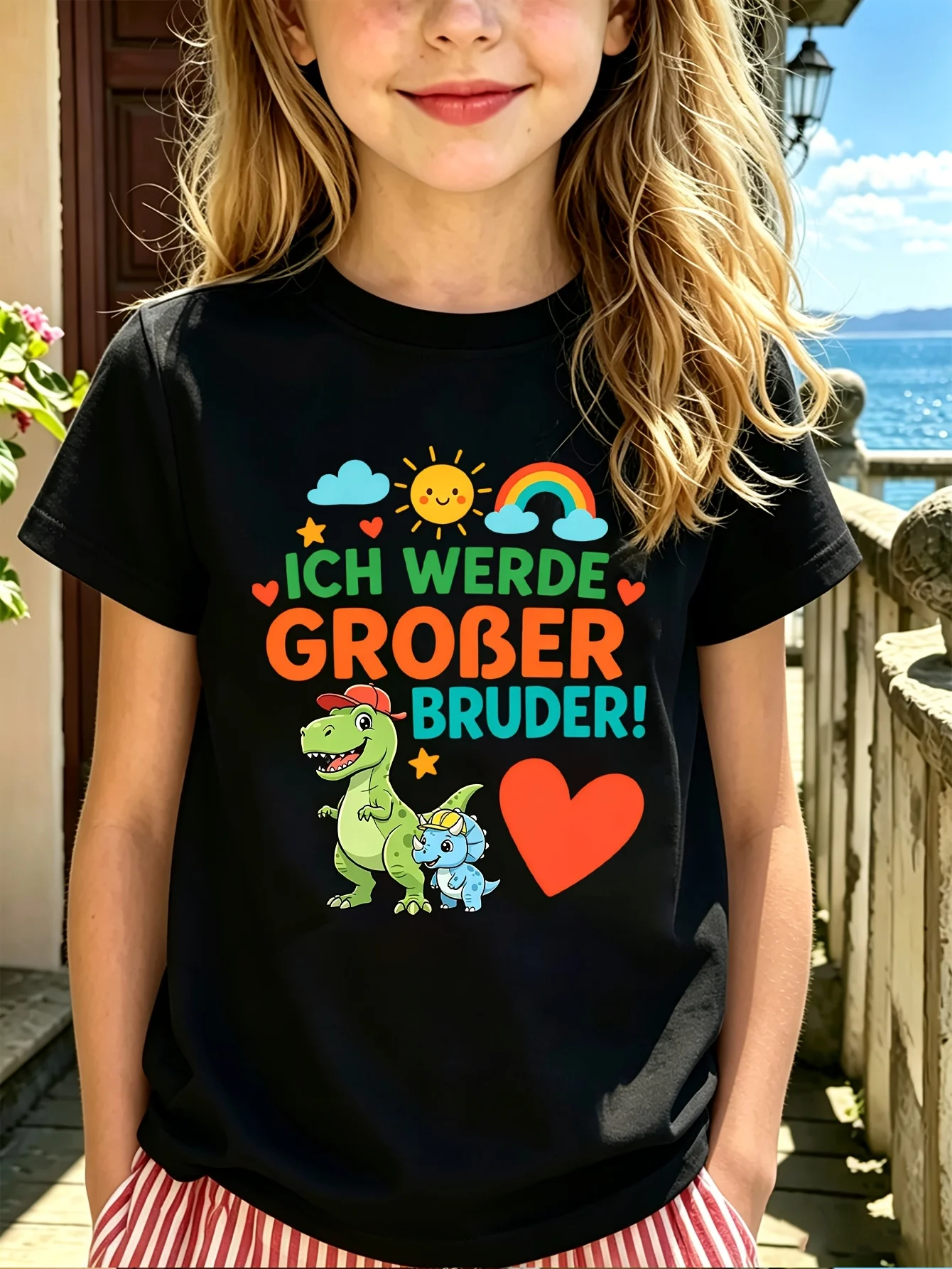Boys Girls Family Matching Tee Cute Dinosaurs Big Brother German Text Print Short Sleeve Soft Cotton Kids Daily Outdoor Outfit