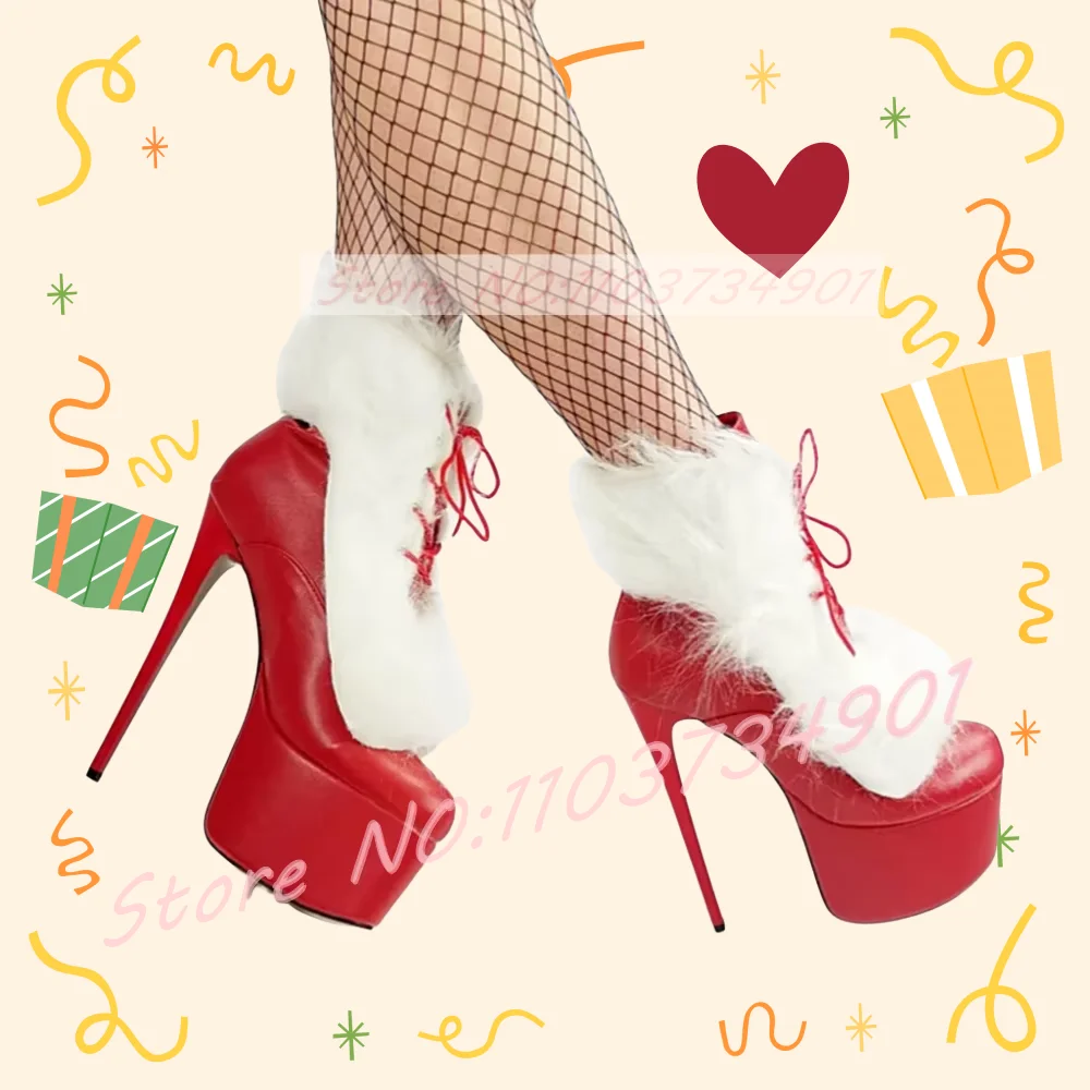 

White Fur Red Matte Booties Women Winter Lace-up Platform Round Toe Stiletto Heels Boots Female Party Sexy Furry Short Boots