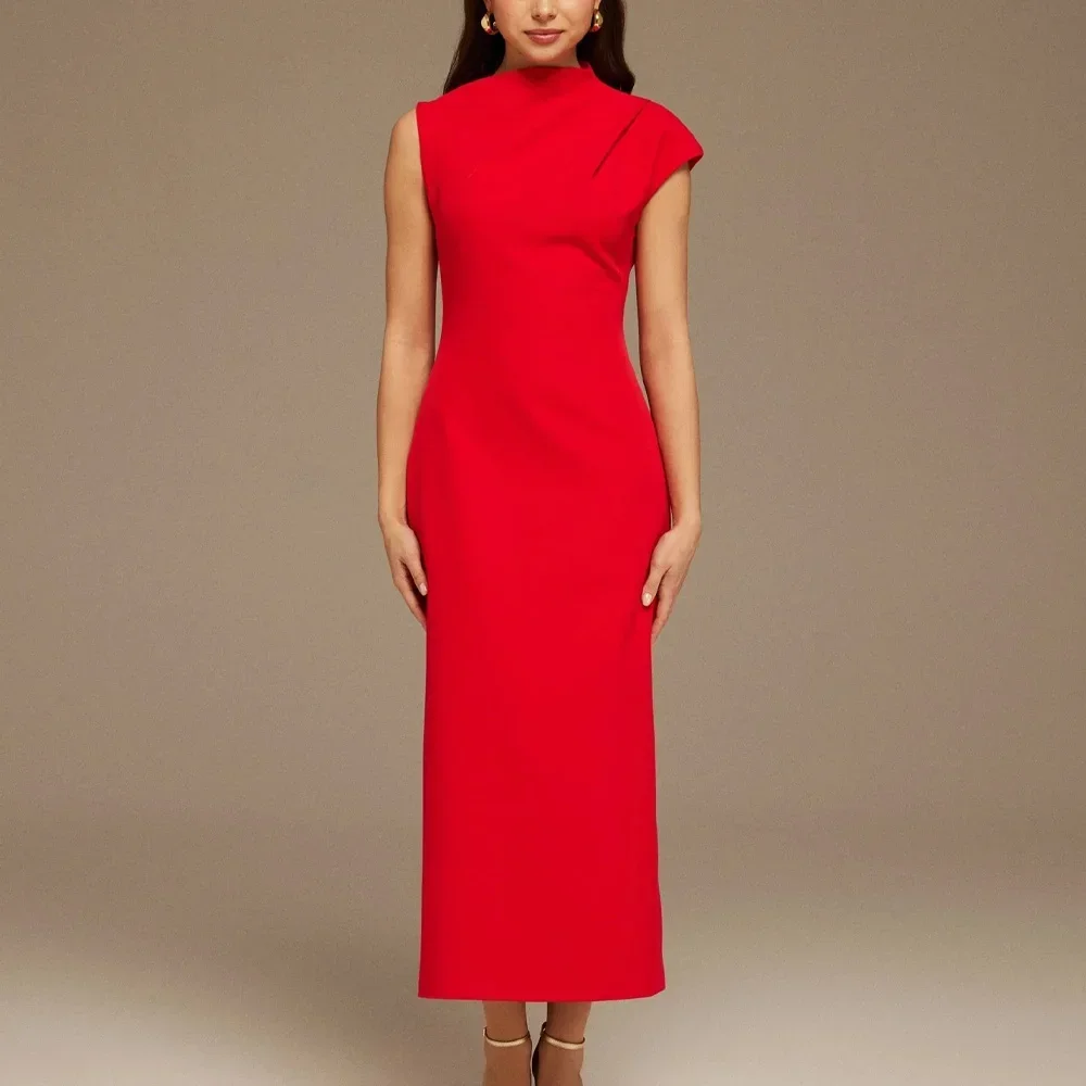 

Red Draped Shoulder Short Sleeve Midi Dress Evening Dresses Formal Exquisite High Quality Prom Party Gown for Women Customized