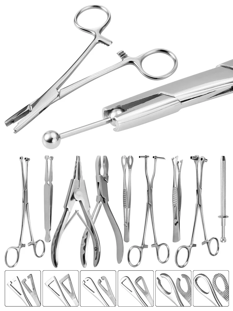 Stainless Steel Body Piercing Tool Needle Pipe Clamp Forceps Tweezers Open Close Ring Ball Plier Lip Belly Septum Piercing Tools