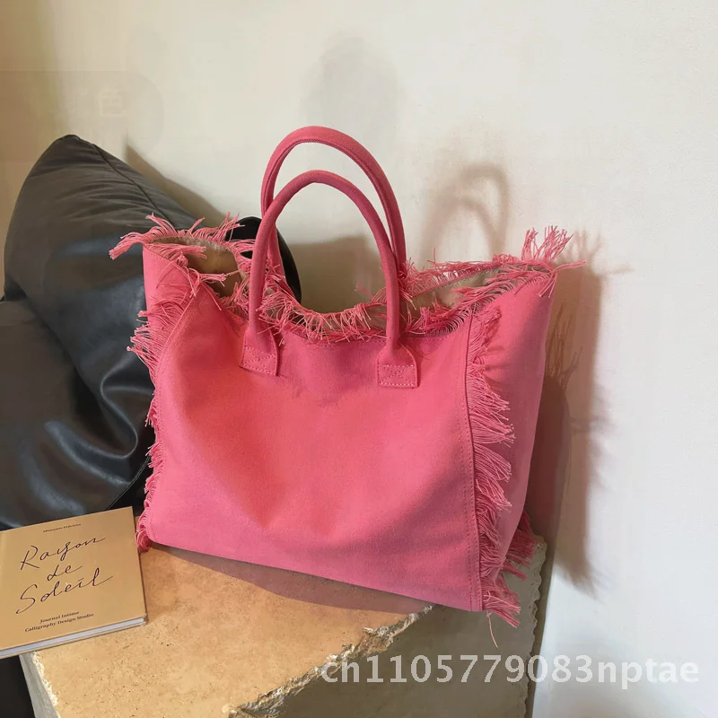 Korean Style Tassel Canvas Bag Large Capacity Street Fashion Shoulder Tote Simple Commuter Student Bag in Various Colors