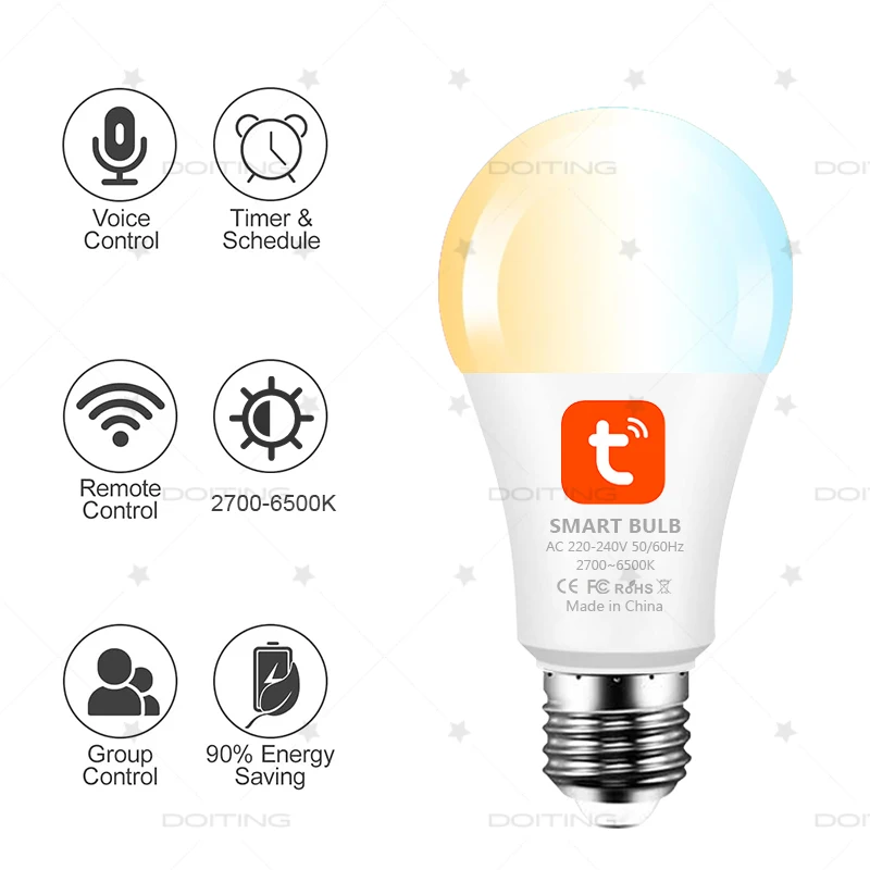 Lampadina LED Smart WIFI E27 Tuya Smart Life APP Il controllo funziona con Alexa Google 220V Dimmerabile Luce bianca calda CCT 2700-6500K