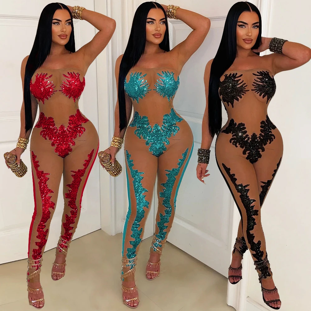 

Sequin Mesh One Piece Sexy Jumpsuit 2024 Women Summer Spring Clothes Club Party Elegant Bodycon Brown Jumpsuit Bodysuit Playsuit