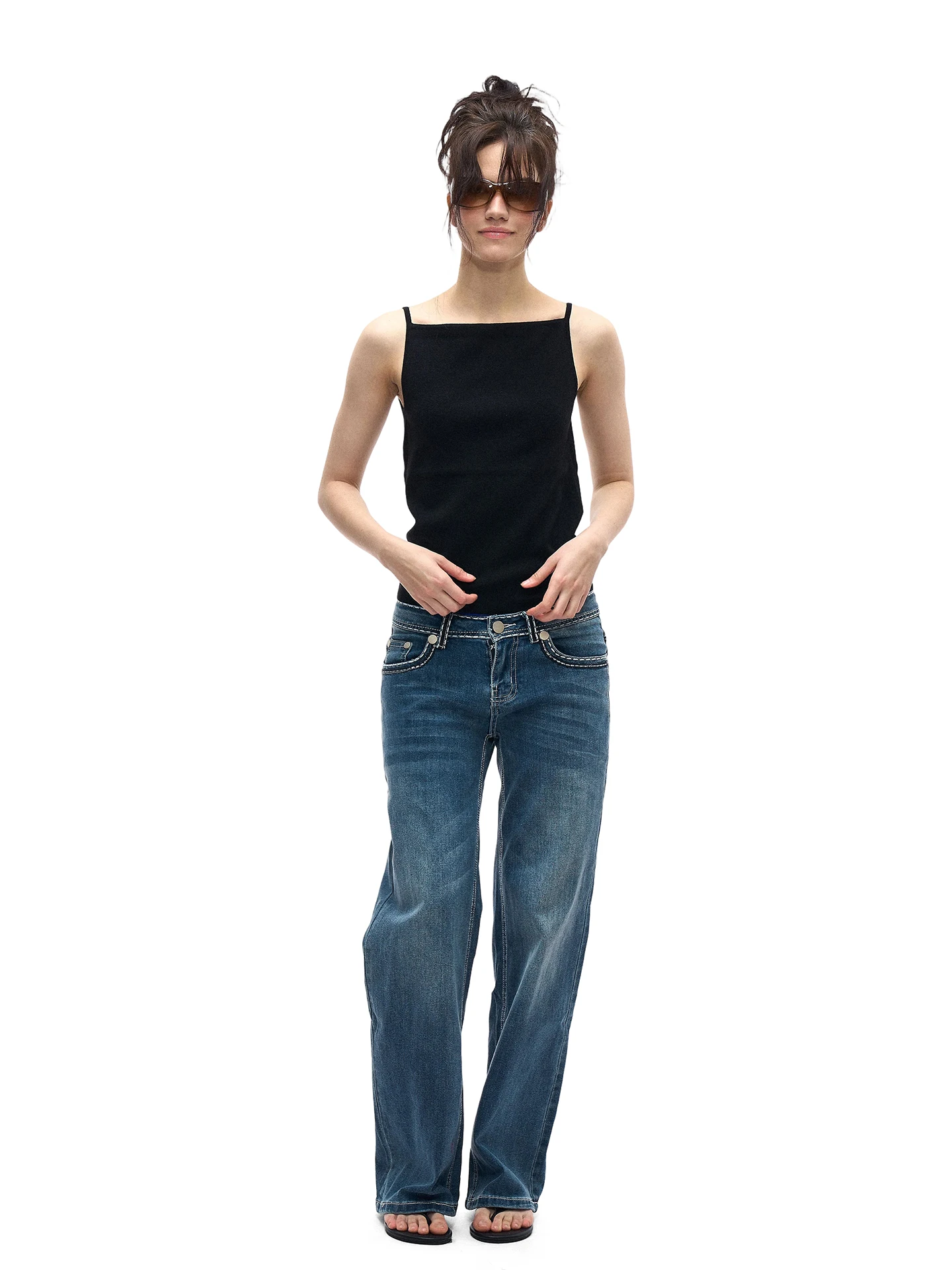 

Винтажные синие джинсы с низкой посадкой и прямым кроем, женские, из хлопкового денима, классические американские синие джинсы с эффектом потертости