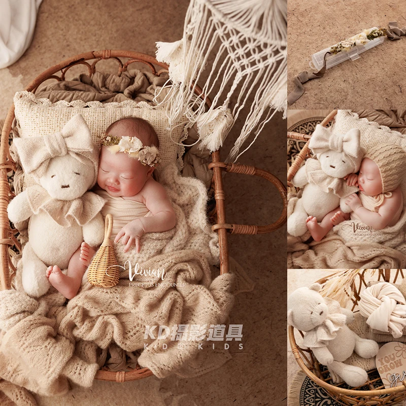 Cute Bear Doll Photography Props 0-1month Baby Girl Knitted Hat Posing Pillow Soothing Bear Doll Infant Studio Photo Accessories