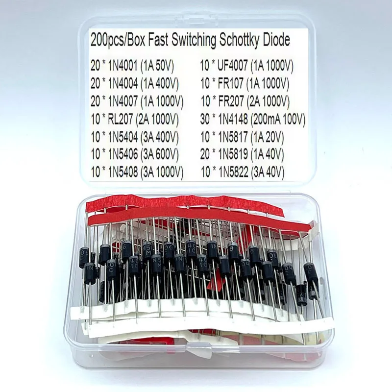 200pcs/Box Fast Switching Schottky Diode Assorted Kit 1N4001 1N4004 1N4007 1N5408 UF4007 FR207 1N5817 1N5819 1N5822 1N4148 RL207