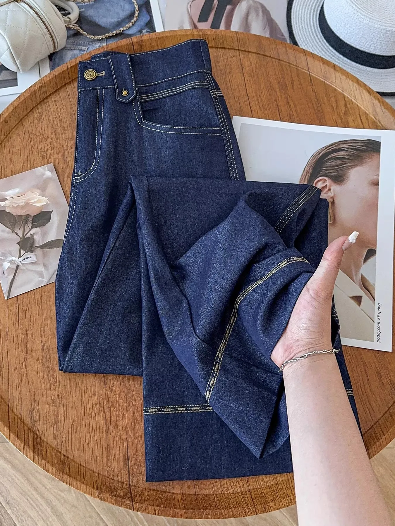 Non-Fading Wide Leg Denim Blue Jeans Women's Autumn New Thin Loose High Waist Elastic Drapey Straight Leg Pants