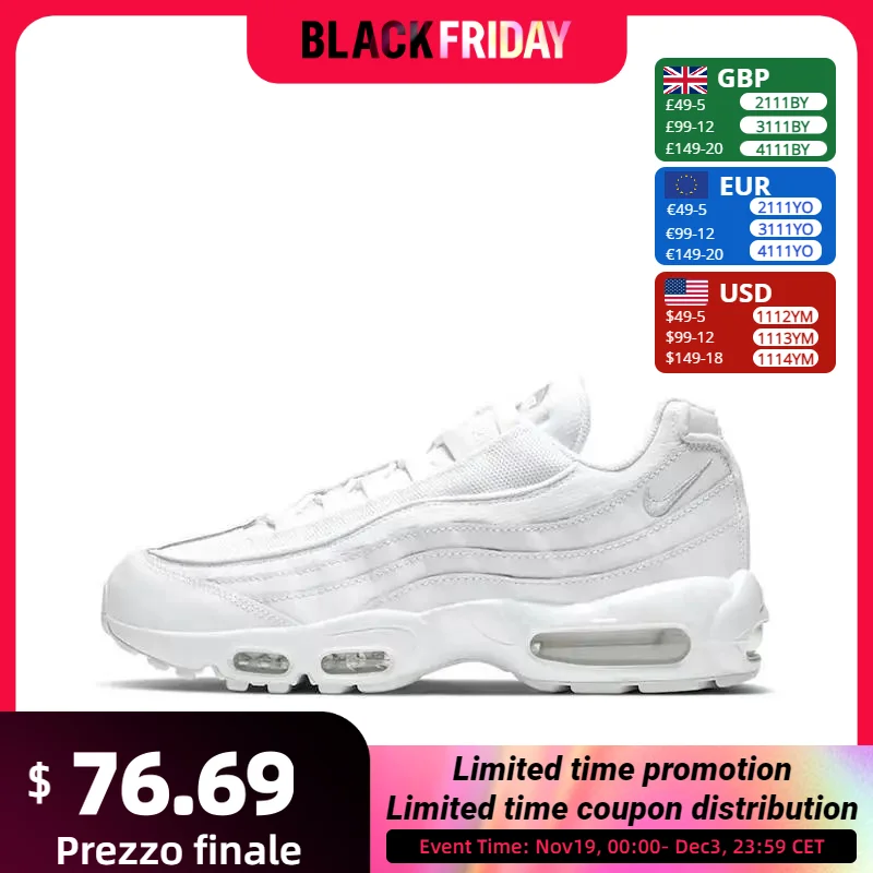 Nike Air Max 95 Retro, Comfortable, Versatile, Non Slip, Lightweight, Simple, Low Cut Casual Running Shoe, Unisex, Pure White