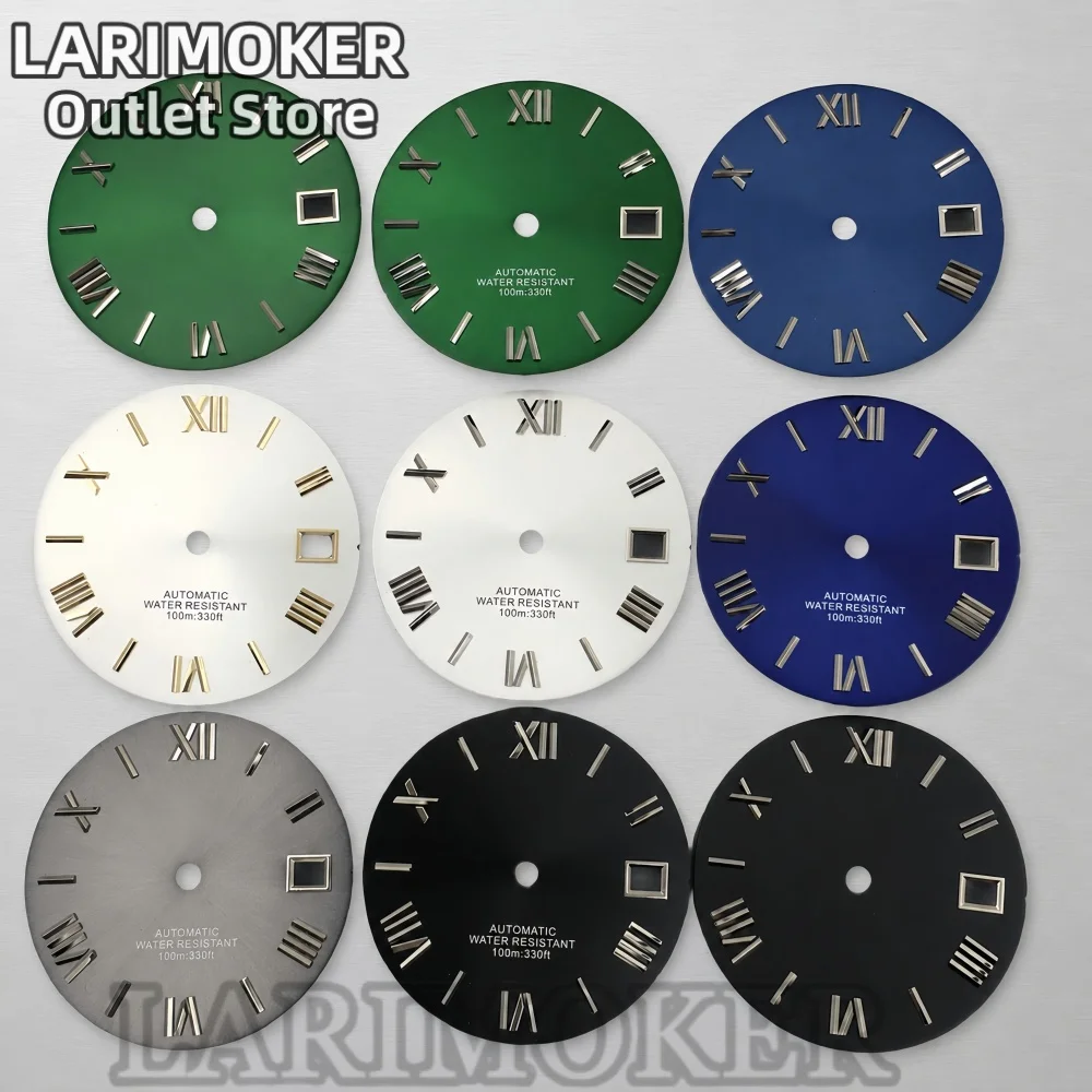 LARIMOKER 29mm green black blue white dial with Roman numeral markers date window suitable for NH35 movement watch accessory