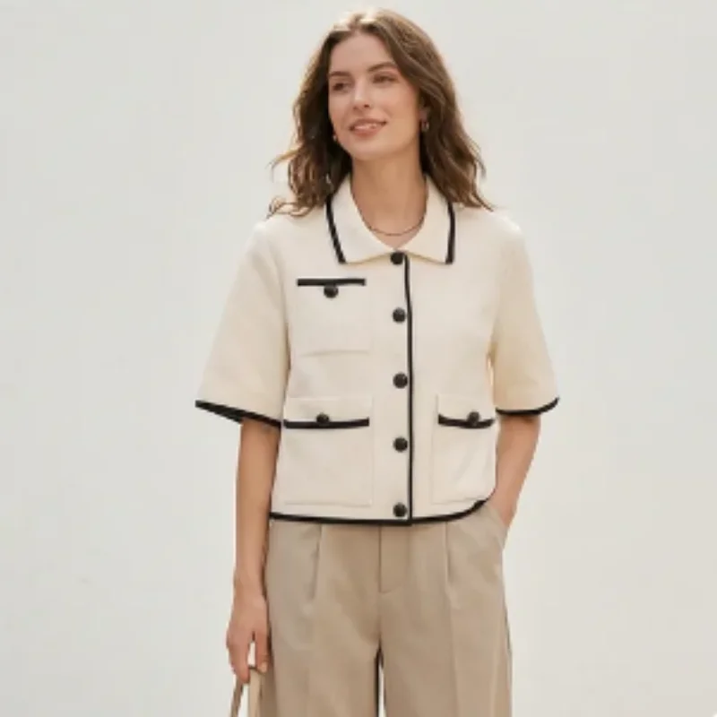 

Women's Jacket 2026 Summer Fashion Casual Sophisticated Contrast Trim Short Sleeve Knit Jacket