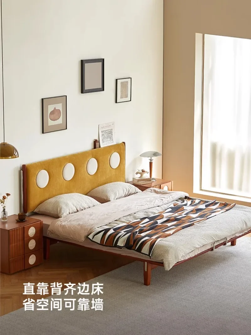 Solid wood flush bed small apartment second bedroom medieval soft bag double bed edgeless no bedside tatami