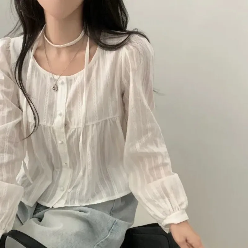 

Popular Beautiful Shirt Women's Puff Sleeves White Shirt Chic Early Autumn Ribbon Elegant Elegance Blue Shirt 2025