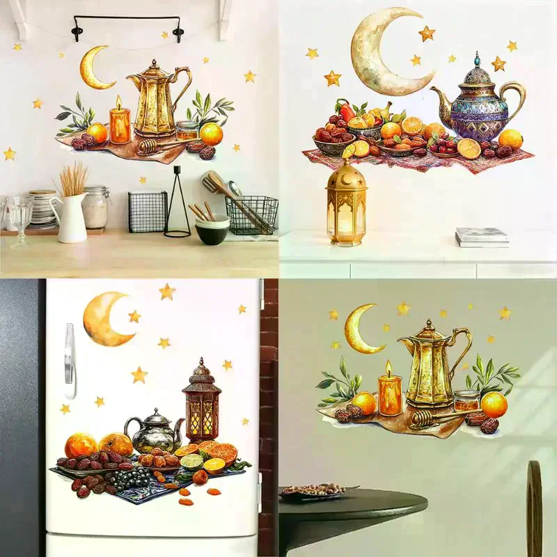 [MA]Ramadan Kareem Wall Stickers Colorful Lantern Moon Star Window Decal Ramadan Decoration 2026 Eid Mubarak Muslim Party Decor