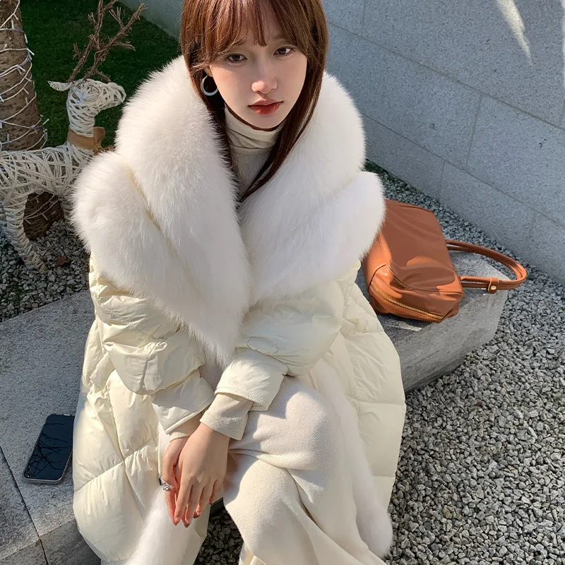 Women 2024 New Winter Thickened Warm Medium-length Section Goose Down Fur Coat Fox Fur Big Hair Collar Down Jacket Overcoat