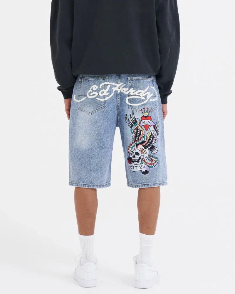 Summer Rock Loose Sports Denim Shorts Men's New Fashion Letter Shorts 90s Retro Harajuku Hip Hop Wide Leg Pants Streetwear