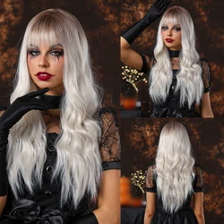 LOUIS FERRE Long Platinum Wave Synthetic Wig for White Women Ombre Light Blonde Wigs With Bangs Daily Cosplay High Temperature