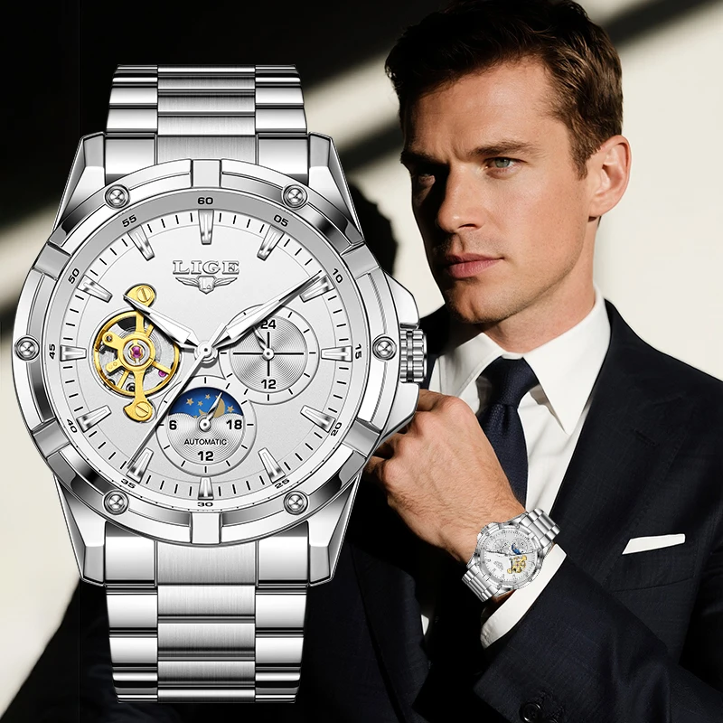 

Мужские механические часы LIGE класса люкс: простые, модные, с фазами Луны, турбийоном, автоматические, водонепроницаемые, светящиеся, хронограф