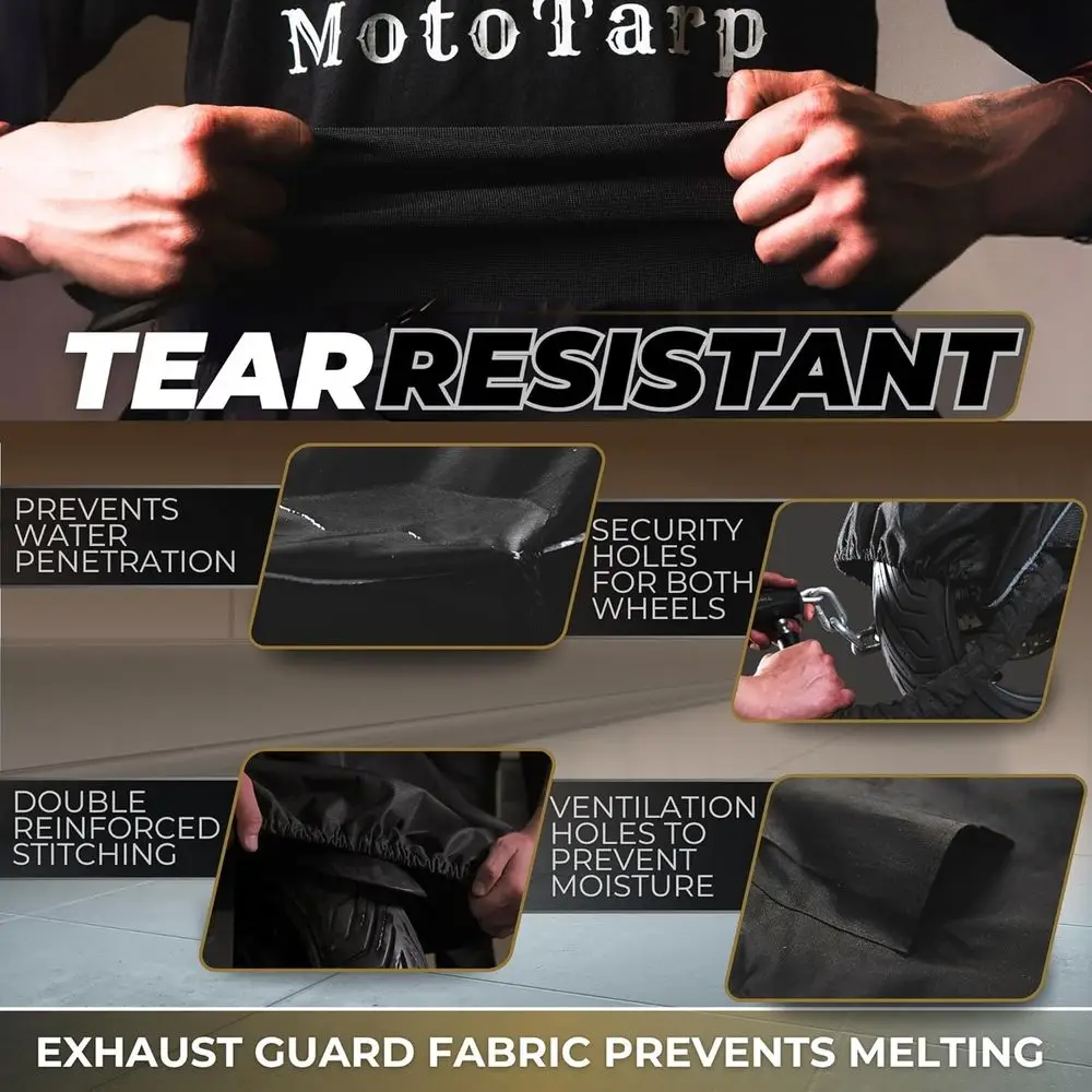 غطاء دراجة نارية عالي التحمل 600D مقاوم للماء بنسبة 100%؛ نافذة لوحة الترخيص، واقي حرارة العادم، عاكسات ليلية، فتحات قفل العجلة (