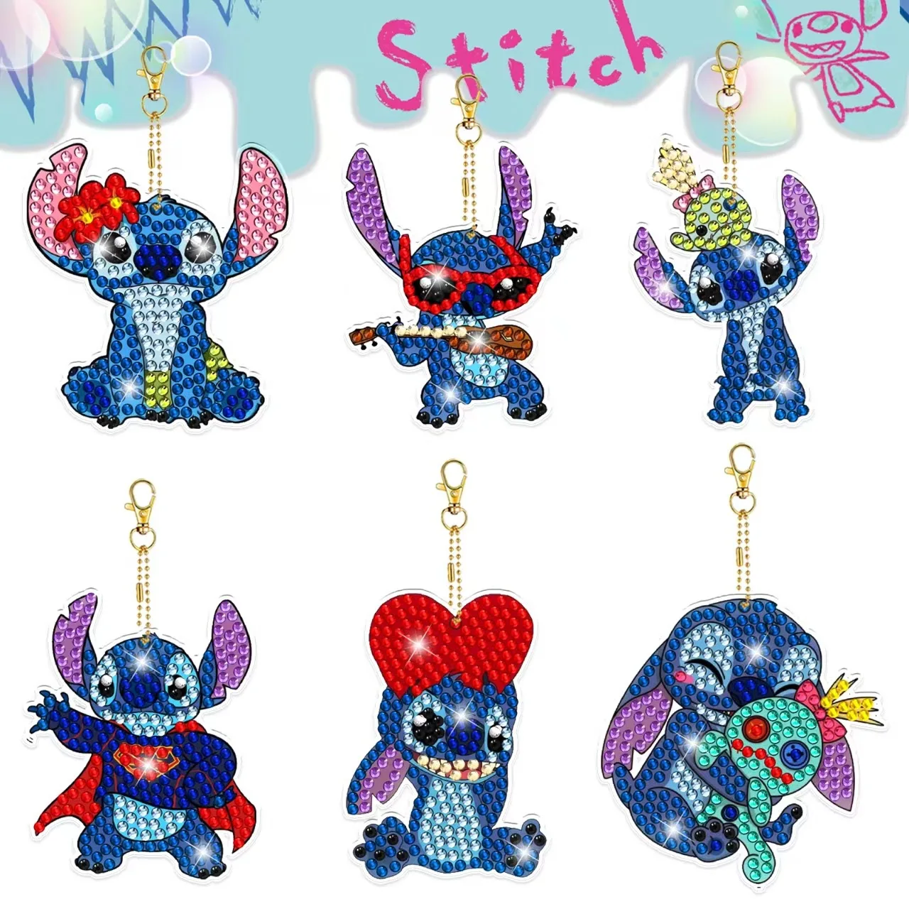 New Diamond Painted Keychain Cartoon Stitch Series Double Sided Dotted Diamond Bag Decorative Pendant