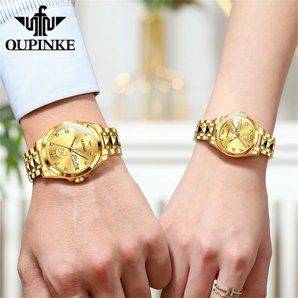 OUPINKE 3259 Real Gold Dragon คู่นาฬิกาสําหรับผู้ชายผู้หญิงนําเข้า MIYOTA Movement Mechanical Lover นาฬิกาข้อมือกันน้ําลึก