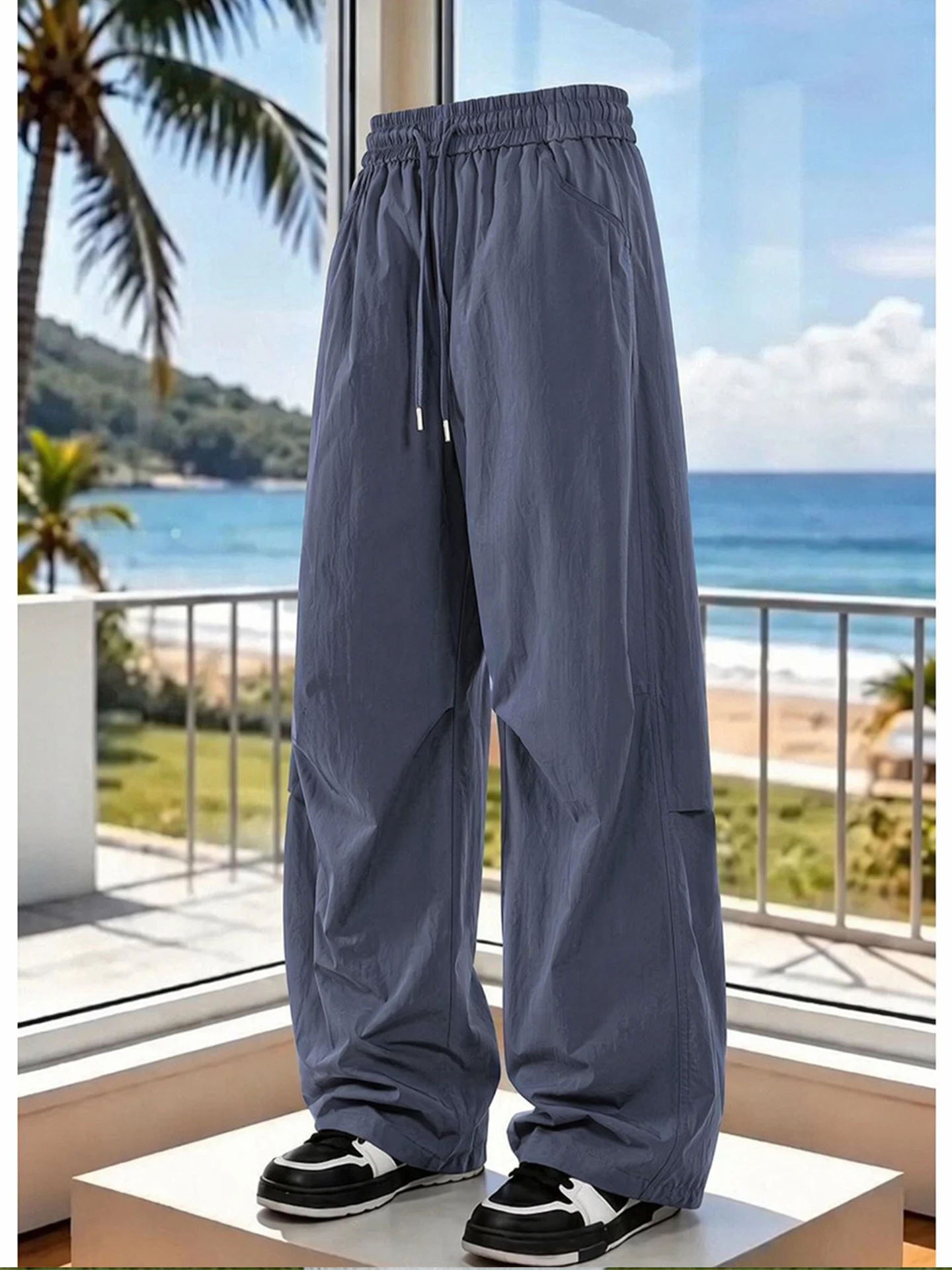 American Style Folded Cool Quick Dry Work Trousers Men Summer Loose Straight Leg Breathable Wide Leg Pants Sports Casual Long...
