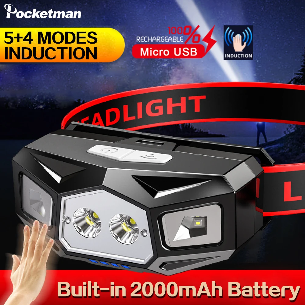 

LED COB Rechargable Headlamp Flashlight Wave Induction with Built in Battery Headlight 5 Modes Camping Outdoor Work Head Lamp