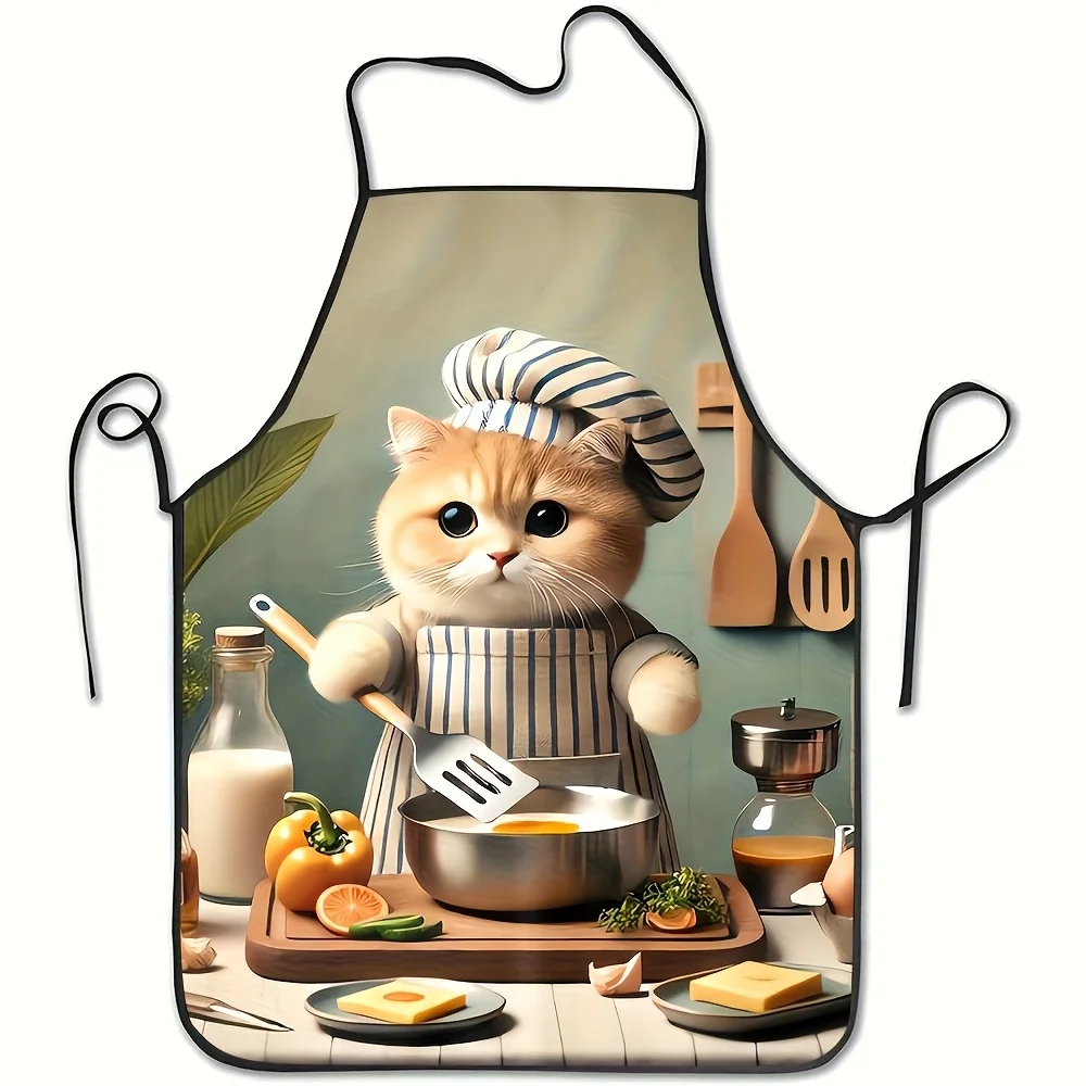 1pc Cute Pet Kitten Cooking Theme Patterned Apron Comfortable Fun And Practical Chef Apron Suitable For Baking Home Cleaning Err