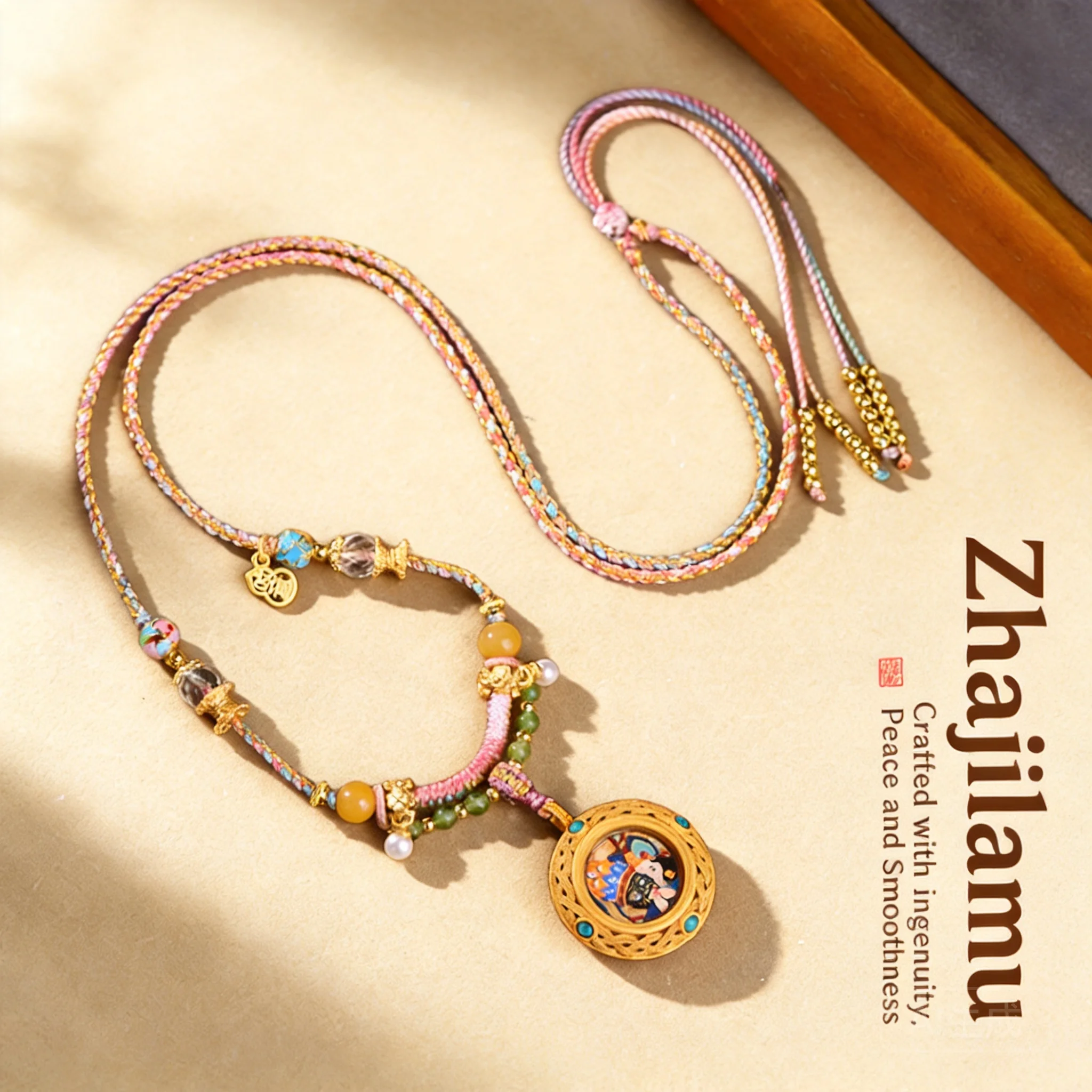 

Tibetan Style Minimalist Thangka Zhajiram Pendant Necklace Rope Retro Ethnic Chinese Style Hand Braided Adjustable Neck Cord For