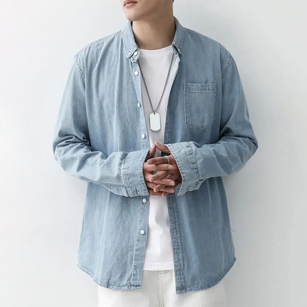 

Classic Lapel Denim Shirt for Men Casual Men's Denim Shirt Long Sleeve Lapel Button Down Streetwear Top for Daily Work for Men