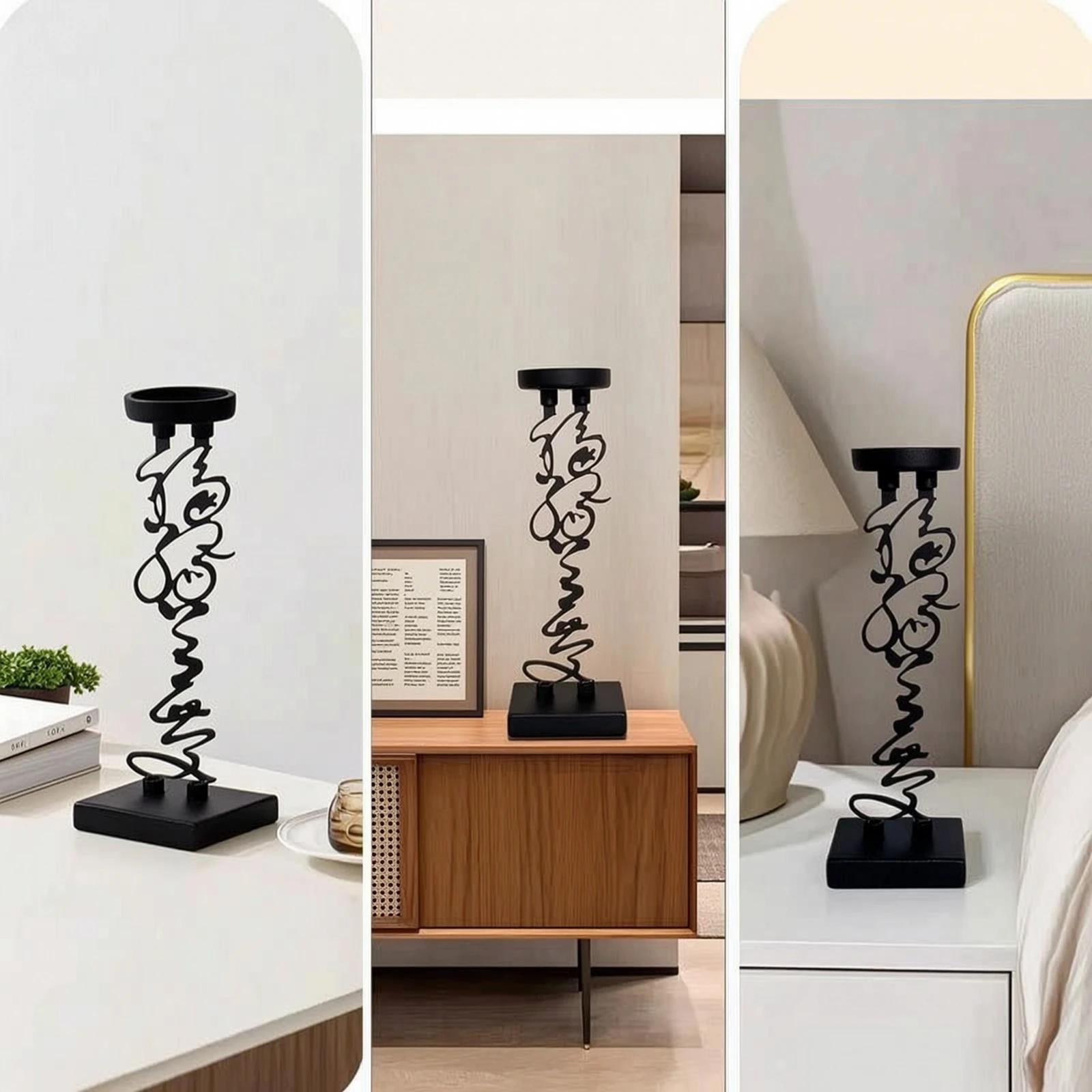 Candle Holder with Square Base Black Metal Candle Holder Candlestick Holders Abstract Decor Modern for Home Decorators, Tabletop