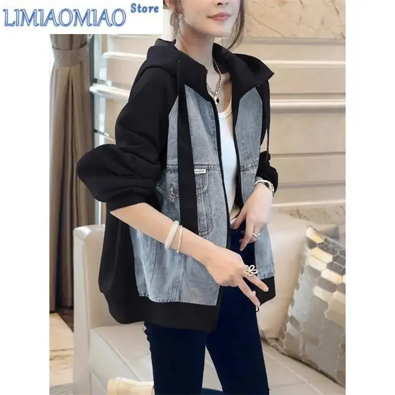 

New Black Denim Jacket Patchwork Hooded Coat For Women Baseball Jacket For Autumn And Winter Vintage Denim Outwear Female