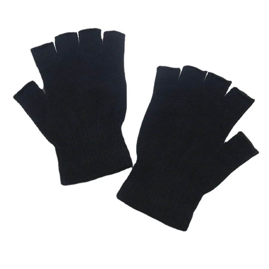 Guantes de lana sin dedos para hombre y mujer, manoplas de trabajo cálidas de algodón, medio dedo, color negro, invierno, 1 par