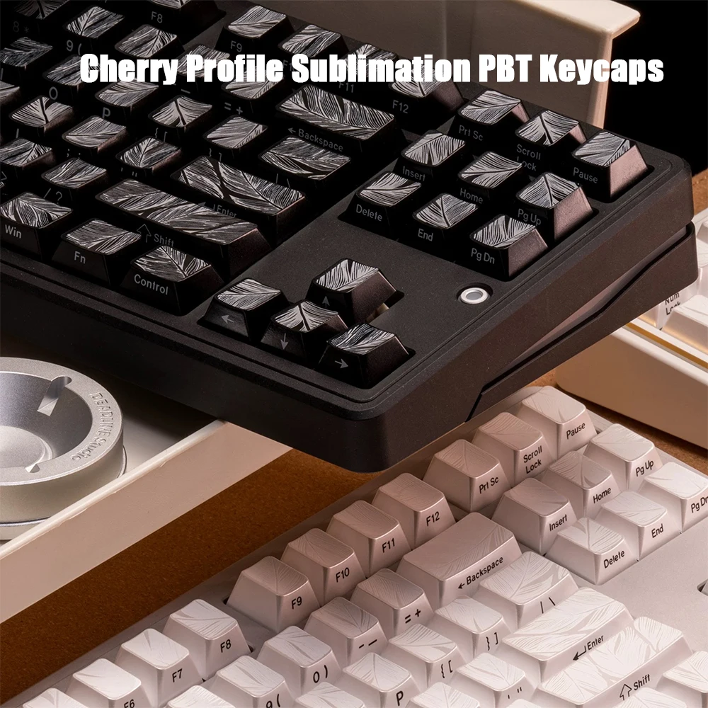 119/121keys Black and white Feather side-lit Key caps Cherry Profile Sublimation PBT Keycaps for Woorting Mechanical Keyboard