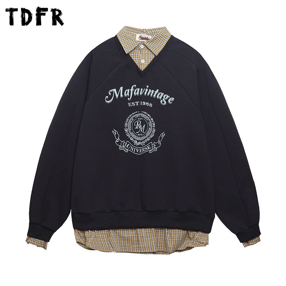 Retro Letter Print Fake two-piece Sweatshirts Mens Autumn Winter Casual Loose Lapel Long Sleeve Sweatshirts Man
