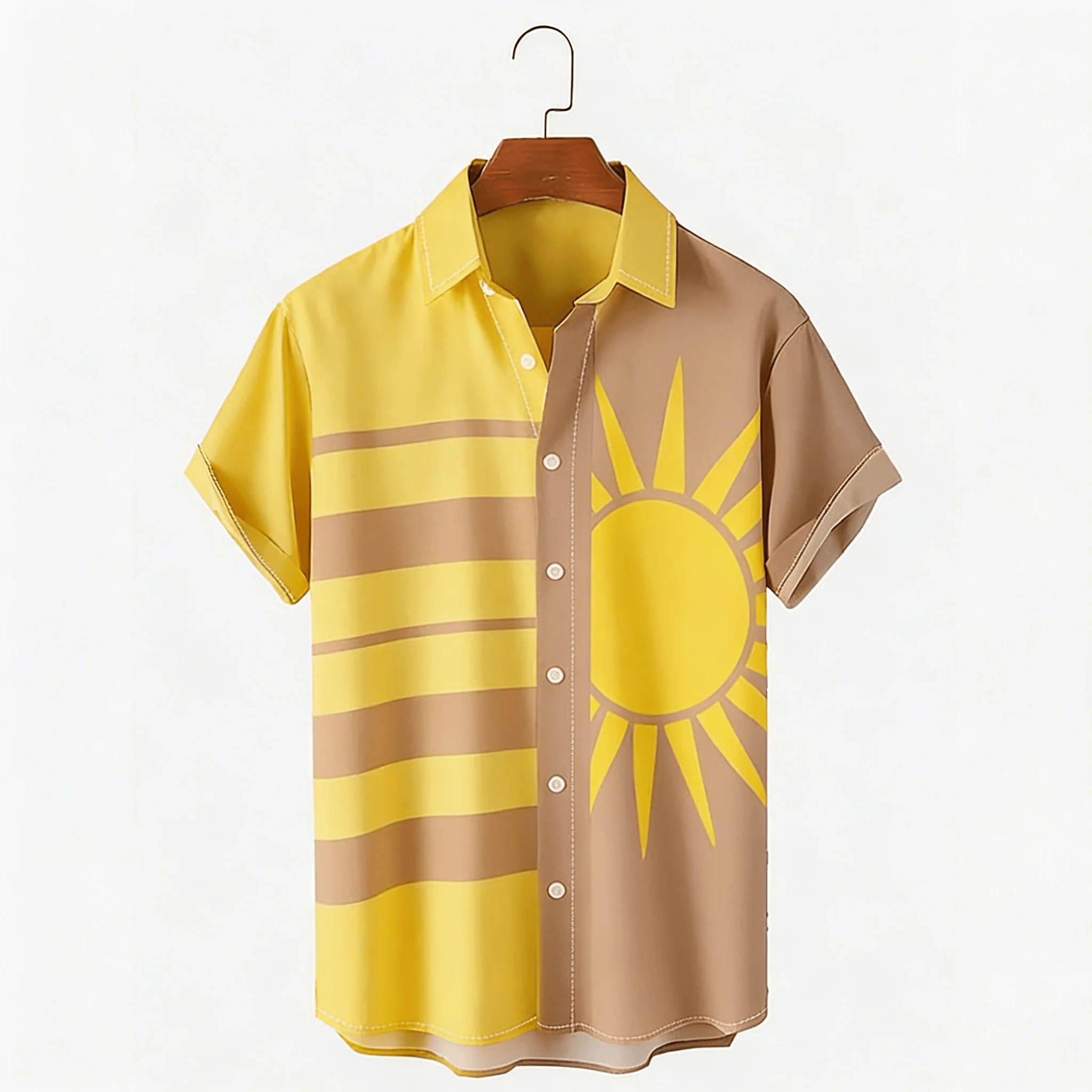 Men's Split Design Wave & Geometric Print Short Sleeve Shirt, Japanese Style Button Down for Spring Summer Casual