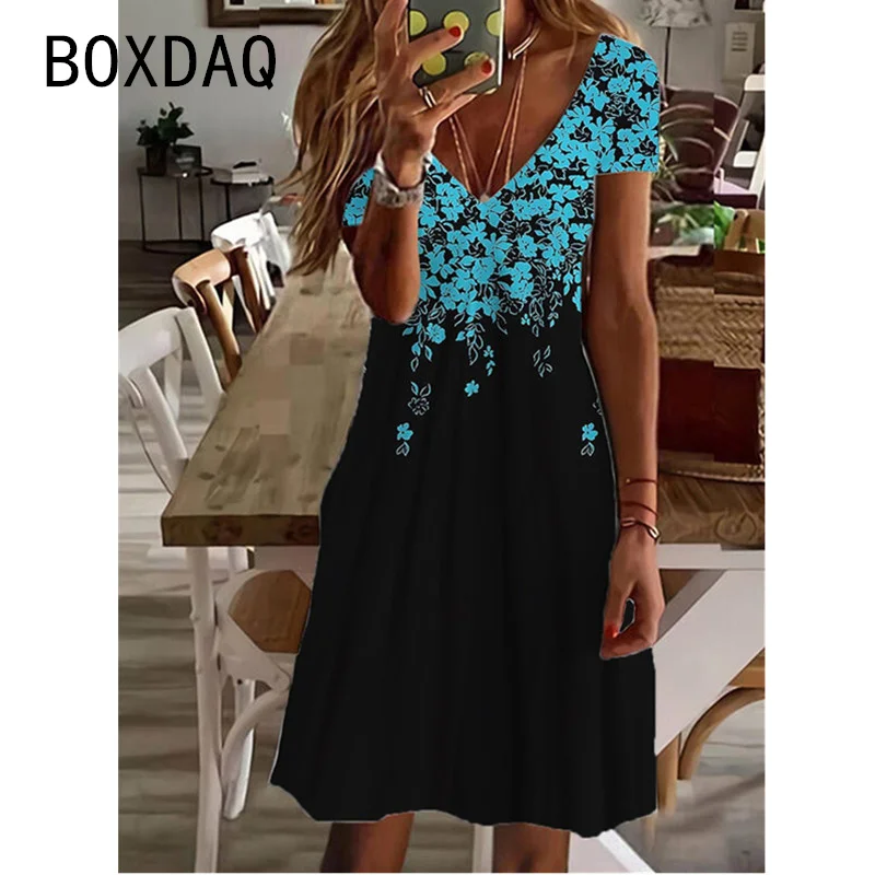 3D Colorful Chic Ditsy Floral Casual Dress Summer V-neck Short Sleeve Casual A-Line Dress All-Season Simple Versatile Dresses