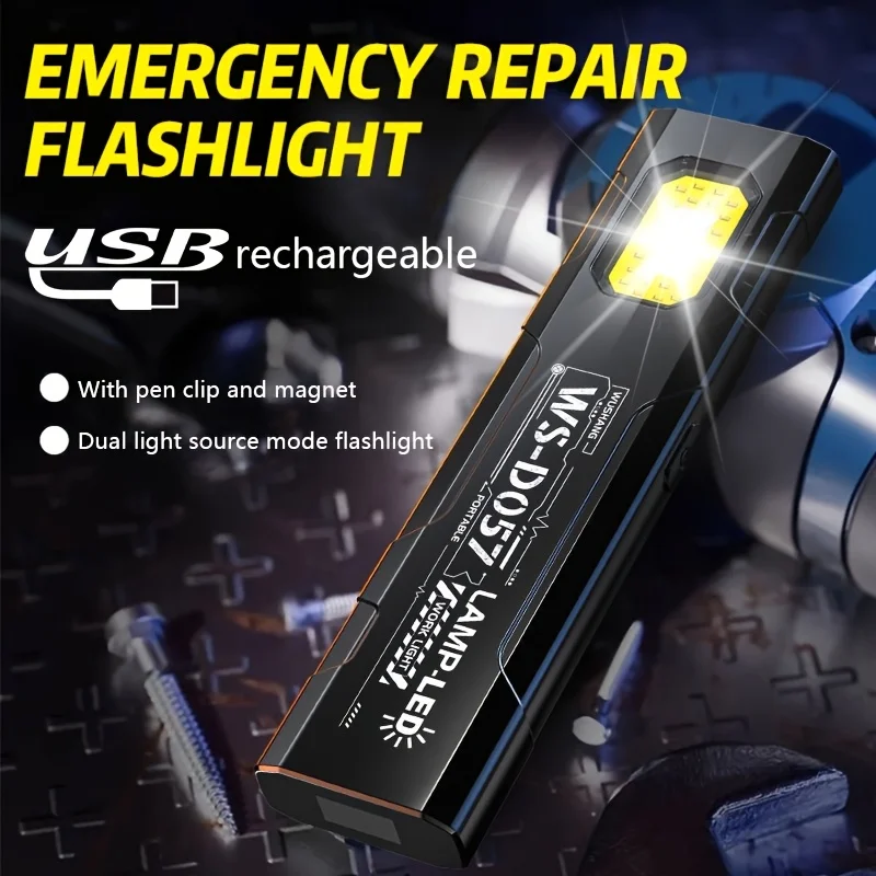 LED Handheld Flashlight Magnetic Warning Red Blue Flashing Light Mini Portable Rechargeable Bright Outdoor Emergency Work Light