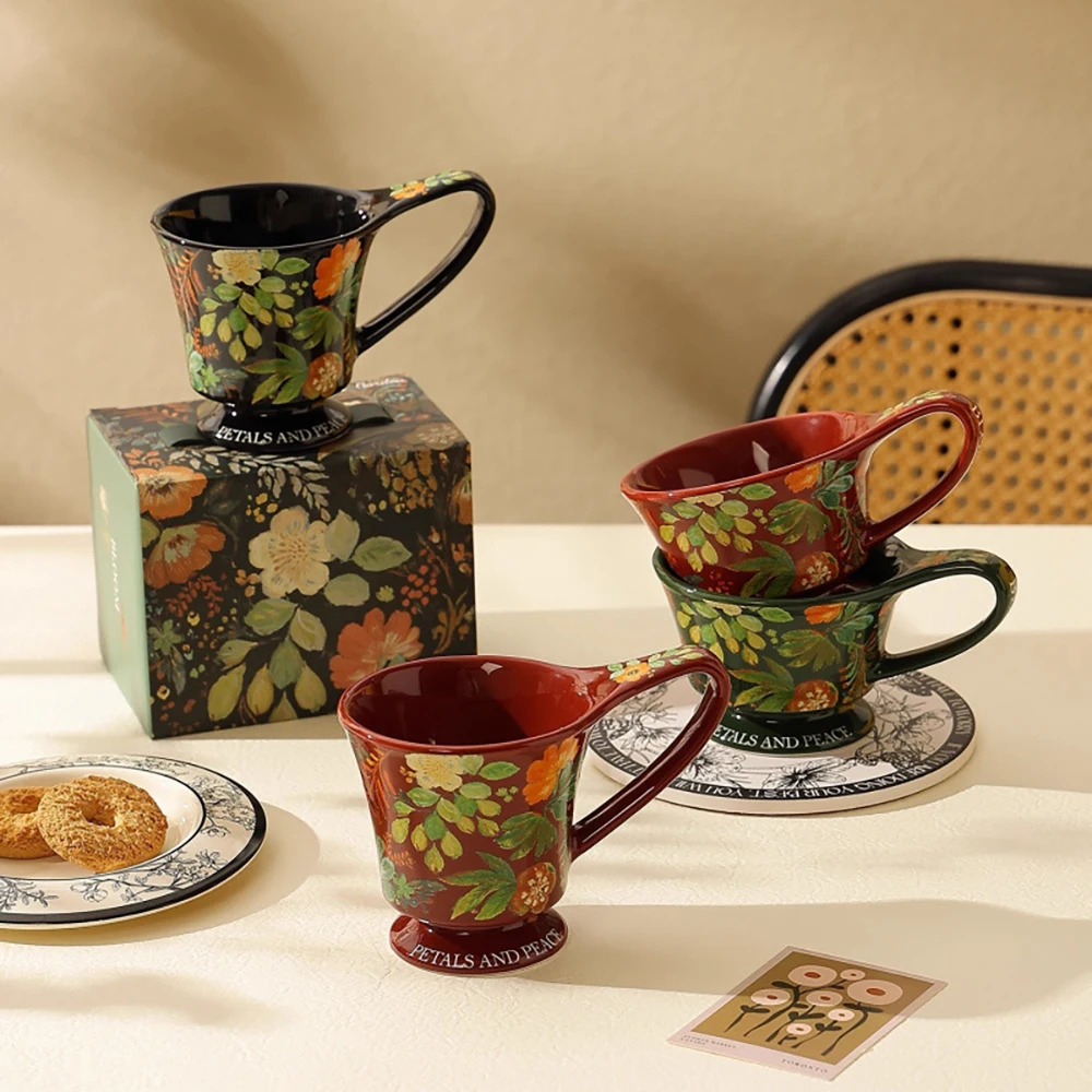 Elegant Footed Ceramic Mugs Retro Floral Paint Cups with Handle Coffee Milk Elegant Afternoon Tea Juice Cup Christmas Gift