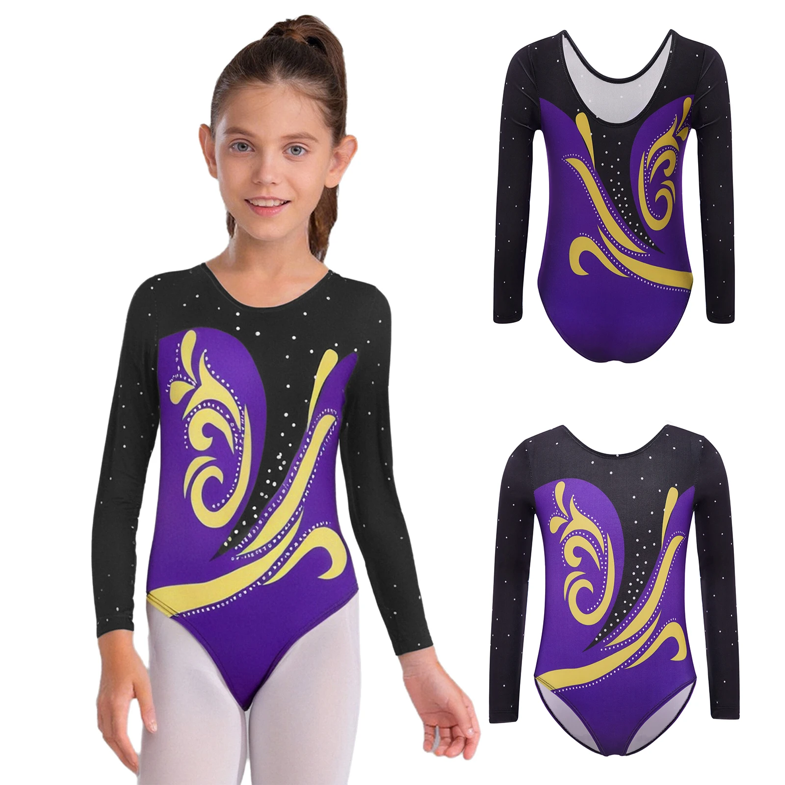 

Kids Girls Rhythmic Gymnastics Leotard Long Sleeve U Back Color Block Printed Rhinestones Bodysuit Figure Skating Dance Unitard