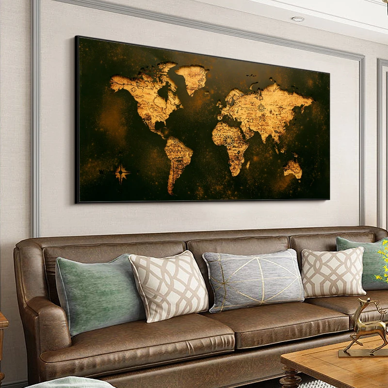 

Black and Gold World Map Abstract Picture Canvas Painting Vintage Poster AND Prints Wall Art Pictures for Modern Home Decoration