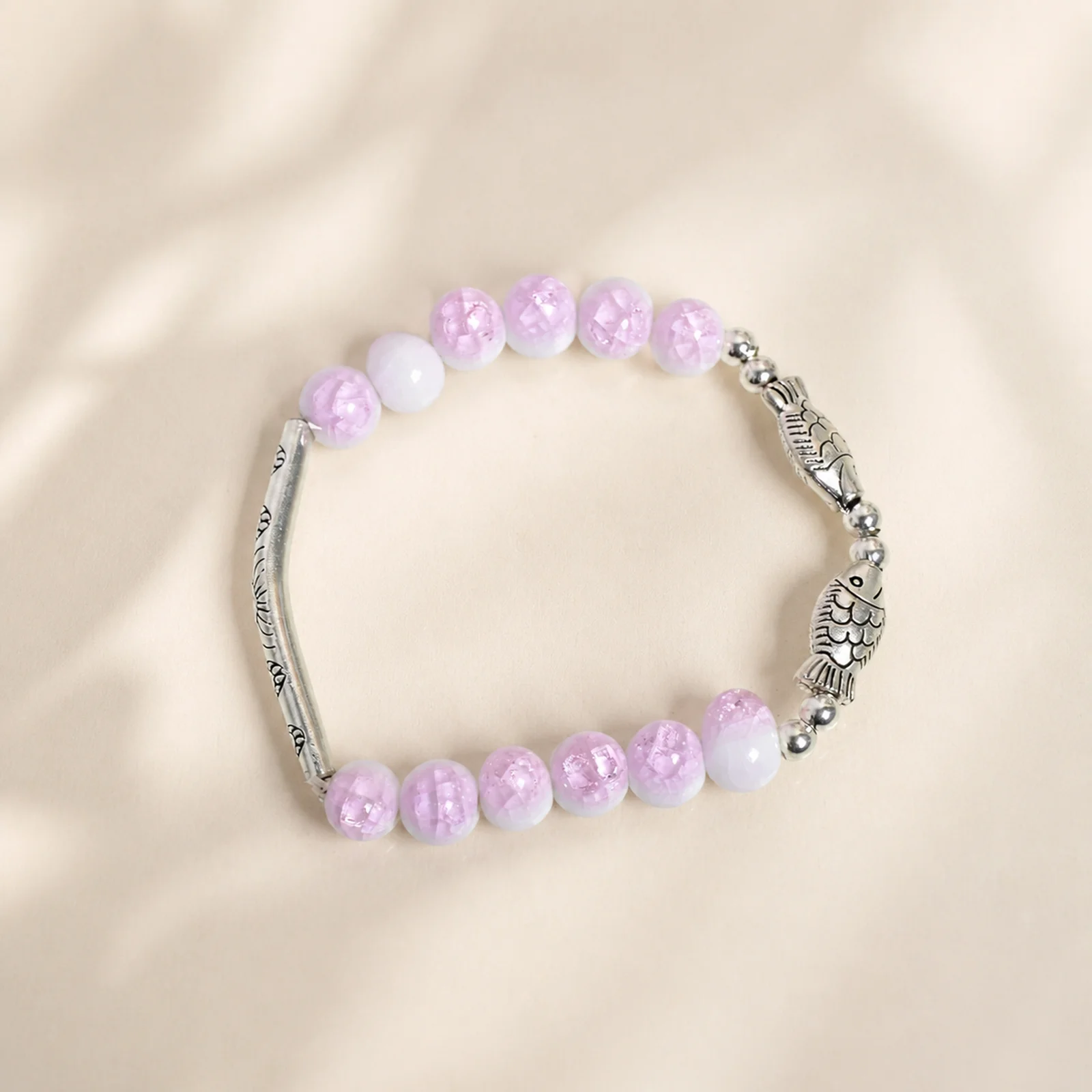 Handmade Crackle Glaze Double Fish Ceramic Bead Bracelet with Hand-Braided Elastic Cord and Metal Accents 608P9-06