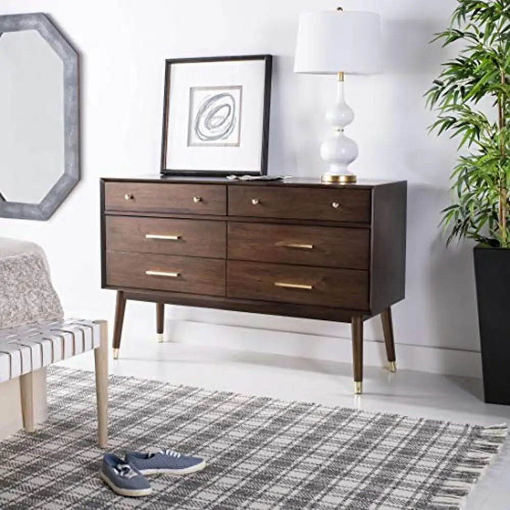 

Couture Modern Retro Walnut 6-Drawer Dresser with Brass Finish Wood Crafted Living Room Bedroom Family Den Library Study High